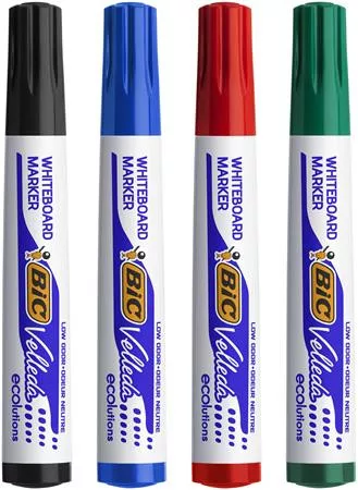 Flipchart- és táblamarker készlet, 1,4 mm, kúpos, BIC" Velleda ecolutions", 4 különböző szín