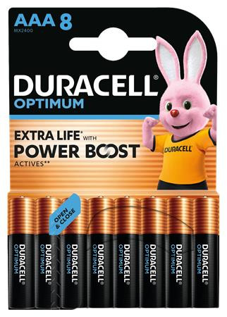 Elem, AAA mikro, 8 db, műanyagmentes, DURACELL "Optimum"