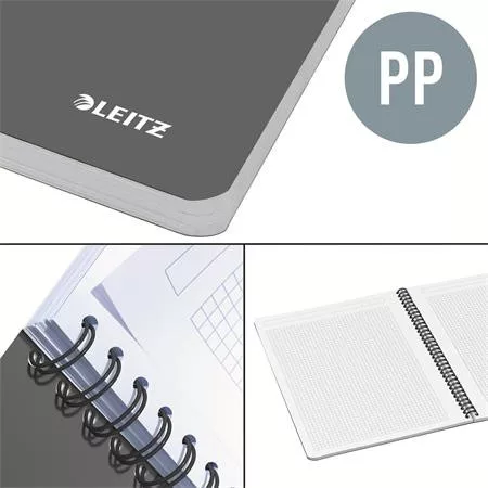 Spirálfüzet, A4, kockás, 90 lap, PP borító, LEITZ "Office", szürke-zöld