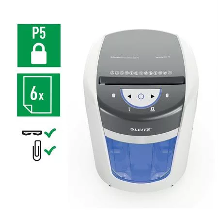 Iratmegsemmisítő, mikrokonfetti, 6 lap, LEITZ "IQ OptiMax Home Office 225 P5"