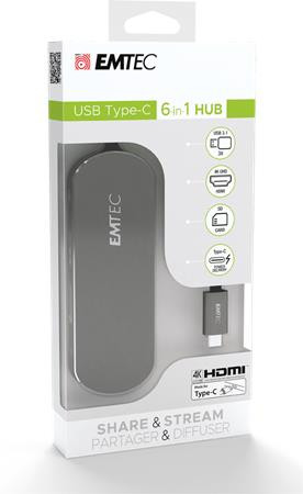 USB elosztó-HUB, USB-C/USB 3.1/HDMI/SD kártya, EMTEC "T650C"