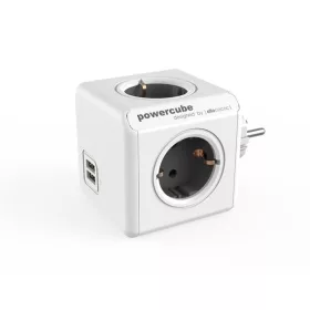   Elosztó, 4 aljzat, 2 USB csatlakozó, ALLOCACOC "PowerCube Original USB DE", fehér-szürke