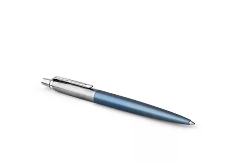 Golyóstoll, 0,7 mm, ezüst színű klip, Waterloo kék tolltest, PARKER "Royal Jotter", kék