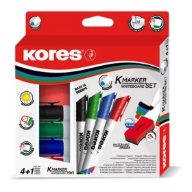   Tábla- és flipchart marker készlet mágneses táblatörlő szivaccsal, 1-3 mm, kúpos KORES, 4 különböző szín