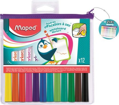 Táblamarker készlet, 1,5 mm, kimosható, fehértáblához, MAPED "Marker'Peps, 12 különböző szín