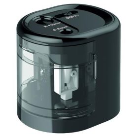   Hegyező, kétlyukú, asztali, elemes, USB töltővel, RAPESCO"PS12-USB", fekete