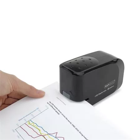 Tűzőgép, 26/6, 15 lap, elemes, USB töltővel, RAPESCO "626EL", fekete