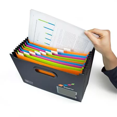 Harmonika irattartó, A4, PP, 13 rekeszes, antibakteriális, RAPESCO "SupaFile", fekete