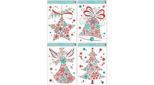 Ablakmatrica- ragasztó nélküli, sztatikus, 33,5 x 25,5 cm, csillámos színes karácsonyi motívumok
