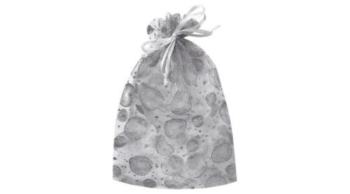 Organza tasak 26 x 35 cm, fehér, körökkel és glitterekkel
