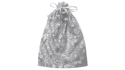 Organza tasak 26 x 35 cm, fehér, virágokkal és glitterekkel