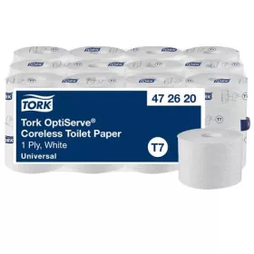   Toalettpapír, belsőmag nélküli, T7 rendszer, 1 rétegű, 13,1 cm átmérő, Universal, TORK "OptiServe", fehér