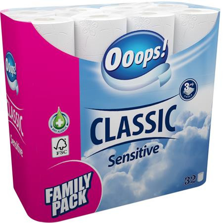 Toalettpapír, 3 rétegű, 32 tekercses, OOOPS "Classic", sensitive