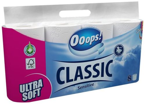 Toalettpapír, 3 rétegű, 8 tekercses, OOOPS "Classic", sensitive