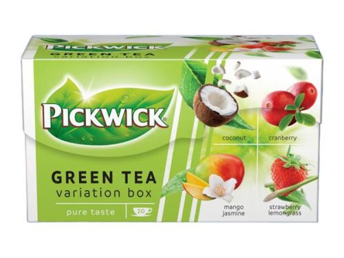 Zöld tea, 20x1,5 g, PICKWICK "Zöld tea Gyümölcsös Variációk", kókusz, vörösáfonya, eper-citromfű, mangó-jázmin