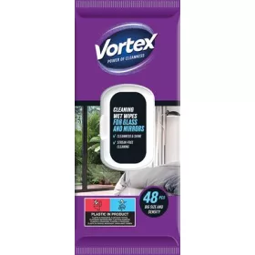   Nedves törlőkendő, üveg- és tükör felületre, visszazárható tetővel, 48 db, VORTEX