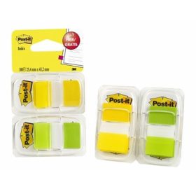   Jelölőcímke,  műanyag, 2x50 lap, 25x43 mm, 3M POSTIT, sárga és zöld