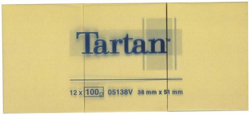 Öntapadó jegyzettömb, 38x51 mm, 100 lap, 12 tömb/cs, TARTAN, sárga