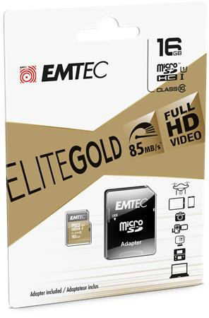 Memóriakártya, microSDHC, 16GB, UHS-I/U1, 85/20 MB/s, adapter, EMTEC "Elite Gold"