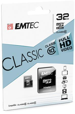 Memóriakártya, microSDHC, 32GB, CL10, 20/12 MB/s, adapter, EMTEC "Classic"