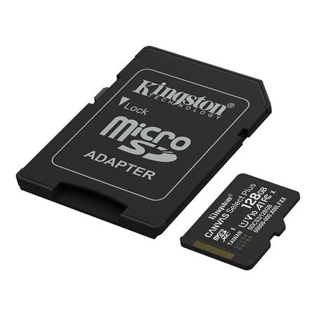 Memóriakártya, microSDXC, 128GB, C10/UHS-I/U1-U3/V10-V30/A1, Gen3, adapter, KINGSTON "Canvas Select Plus"
