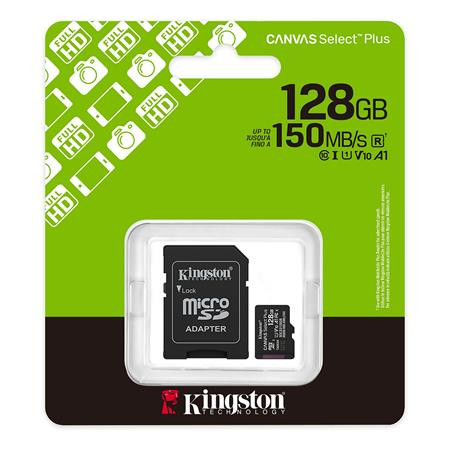 Memóriakártya, microSDXC, 128GB, C10/UHS-I/U1-U3/V10-V30/A1, Gen3, adapter, KINGSTON "Canvas Select Plus"