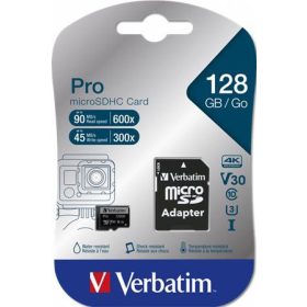   Memóriakártya, microSDXC, 128GB, CL10/U3, 90/45 MB/s, adapter, VERBATIM "PRO"