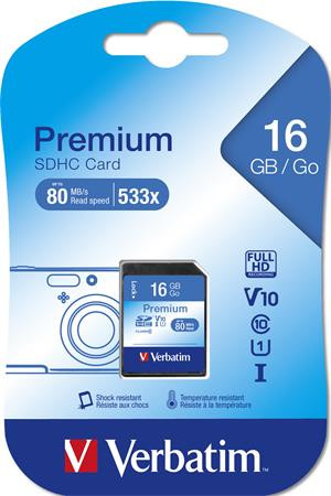 Memóriakártya, SDHC, 16GB, CL10/U1, 80/10 MB/s, VERBATIM "Premium"