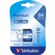 Memóriakártya, SDXC, 64GB, CL10/U1, 90/10 MB/s, VERBATIM "Premium"