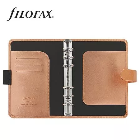 Kalendárium, gyűrűs, betétlapokkal, personal méret, FILOFAX, "Saffiano Metallic", rózsaarany