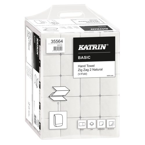Kéztörlő 2 rétegű V hajtogatású 200 lap/csomag 20 csomag/karton Basic Handypack Katrin_35564 fehérített