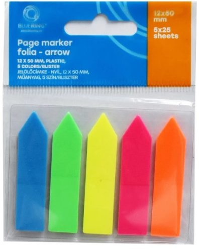 Jelölőcímke 12x50mm, 5x25lap, műanyag nyíl Bluering® 5 klf. szín