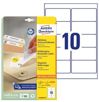 Etikett címke, 96x50,8mm, 25lap 10 címke/lap visszaszedhető Avery