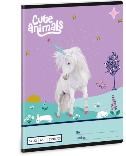 Unikornis tűzött füzet A/5, 32 lap vonalas 1.osztály (14-32), Cute Animals, Unicorn