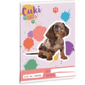   Cuki állatok tűzött füzet A/5, 32 lap vonalas 1.osztály (14-32), kutya, harlekin tacskó, 2025