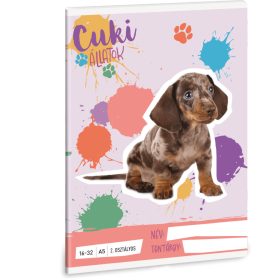   Cuki állatok tűzött füzet A/5, 32 lap vonalas 2.osztály (16-32), kutya, harlekin tacskó, 2025