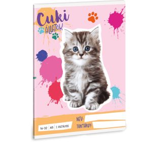   Cuki állatok tűzött füzet A/5, 32 lap vonalas 2.osztály (16-32), perzsa cica (macska), 2025