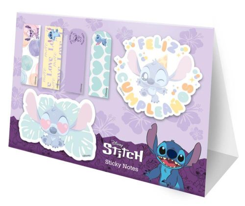 Stitch jegyzettömb-, jelölőcímke készlet, 6 db-os, asztali tartóval, Feliz Cumpleanos