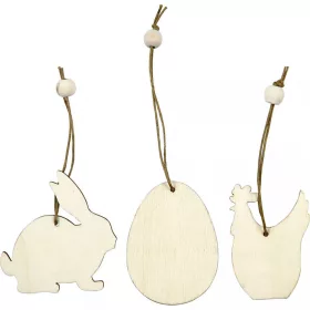   Fa figurák akasztóval, húsvéti, 9 db/csomag (nyuszi, tojás, tyúk), 6 cm