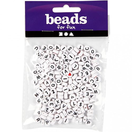 Betű gyöngyök, fehér, kerek, fekete betűk és számok, 200 db/csomag