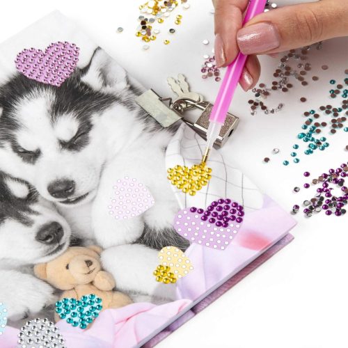 Cleo and Frank gyémántokkal díszíthető napló kulccsal, 3 színű golyóstollal, kutyás, CF38