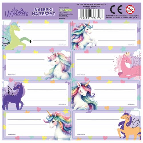 Unikornis füzetcímke 8 db/ív, többféle (NNZJR16)