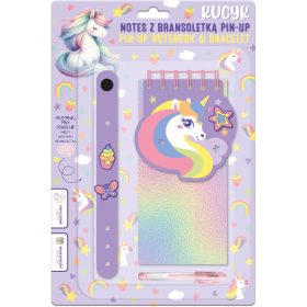   PIN-UP jegyzetfüzet karkötővel, zseléstollal, 3 díszítő formával, 8,5x17,5 cm, unikornis, Kidea