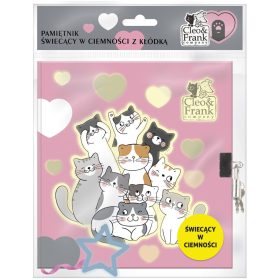   Cleo and Frank napló kulccsal, 17x15cm, foszforeszkáló mintákkal, CF39, cicás, rózsaszín