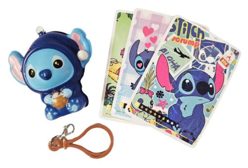 Stitch zsákbamacska stresszlabda, squishy akasztóval és kártyákkal, kb. 5x6cm, tasakban