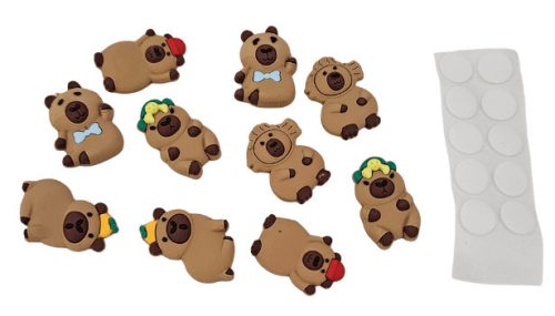 Kapibara gumi figura szett, kétoldalú ragasztóval, 10 db/csomag, kb. 2,5cm-es