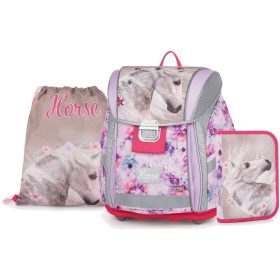   Lovas csatos ergonómikus iskolatáska tolltartóval és tornazsákkal, Premium Light, Horse Romantic, fehér ló