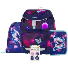   OXY Sherpy iskolatáska szett, hátizsák tolltartóval, tornazsákkal és extra díszekkel, Butterfly, sötétkék