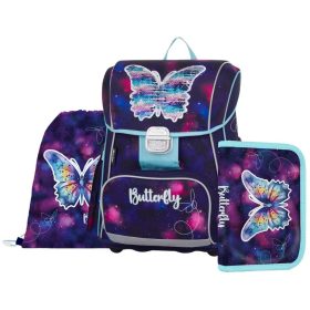   OXY Premium csatos iskolatáska szett tolltartóval és tornazsákkal, Butterfly
