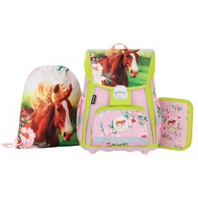   Lovas csatos ergonómikus iskolatáska tolltartóval és tornazsákkal, Premium, zöld-rózsaszín